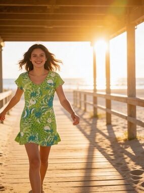 Lilly Pulizter Daniella Pima Cotton T-Shirt Dress Roar of the Jungle Limeaide S